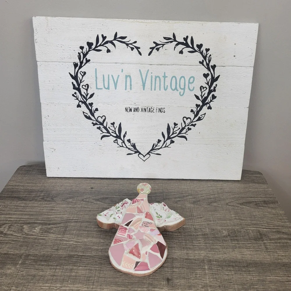 Mosaic Angel Wall Decor Pink‎ Floral Plate Shards Art Handmade Ornament